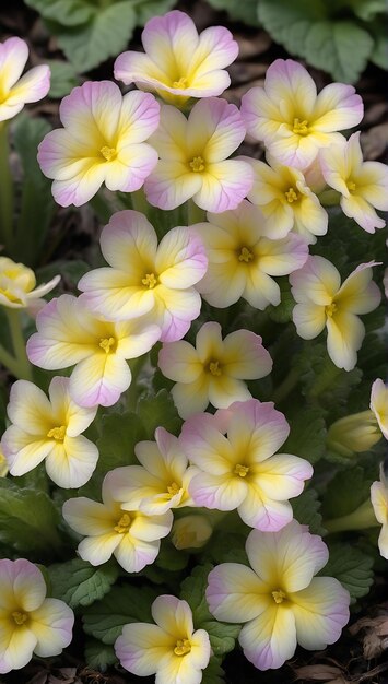 프리라 불가리스 (Primula vulgaris) 일반 프리로즈 (Common Primrose) 희미한 노란색 분홍색 라벤더와 색의 색조