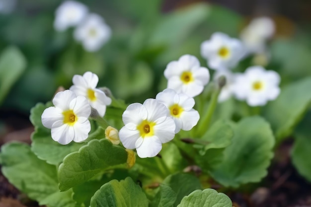 Primula Vulgaris Spring white primrose flowers in garden AI generated