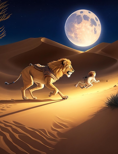 принц и его лев мчатся по пустынному оазису, песчаные дюны, мерцающие в лунном свете.
