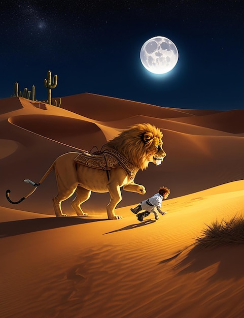 사막의 오아시스를 질주하는 왕자와 사자 달빛에 반짝이는 모래 언덕