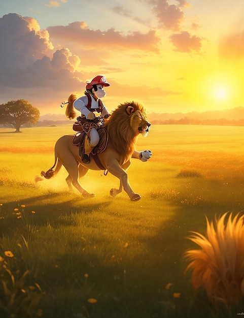 a prince and his lion racing through a desert oasis the sand dunes shimmering in the moonlight ai