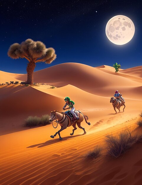 A prince and his lion racing through a desert oasis the sand dunes shimmering in the moonlight ai