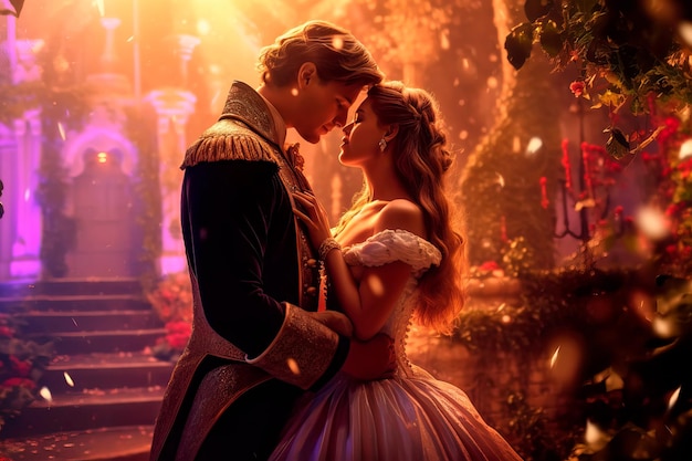 Prince and a princess sharing a kiss in a magical garden Generative AI