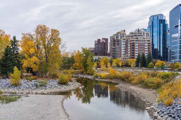 Prince's Island Park autumn foliage scenery. Bow river bank, downtown Calgary, Alberta, Canada.