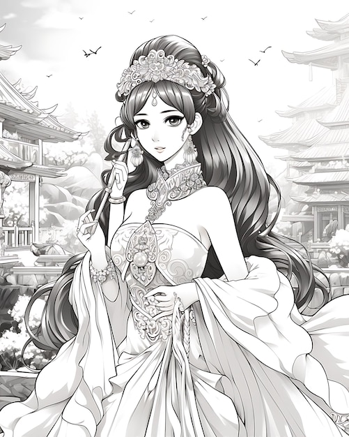 Princess Asian Coloring Page Style