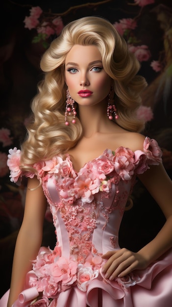 Princess Barbie Long blond hair blue eyes pink dress floral wallpaper Created with Generative AI
