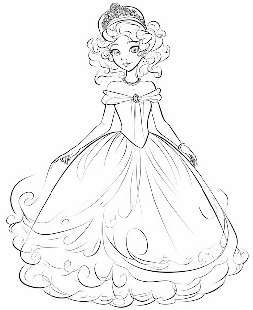 Принцесса в красивом платье Векторная иллюстрация для раскраски