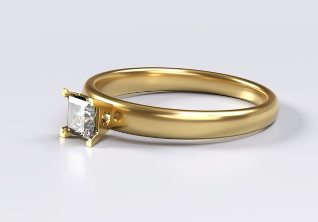 Princess cut diamond ring posto su sfondo bianco, rendering 3d.