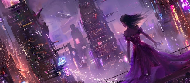princess girl in a long dress on top of a building looking at a cyberpunk night city ai generated image