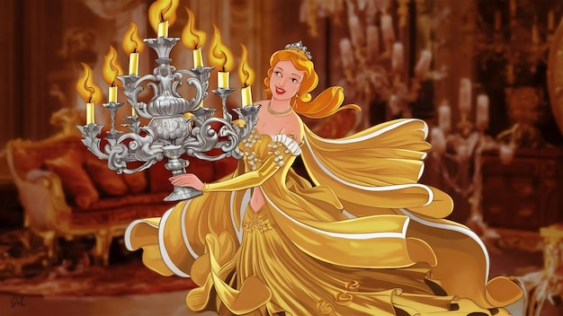 Princess in golden clothes carries candleholder with burning candles