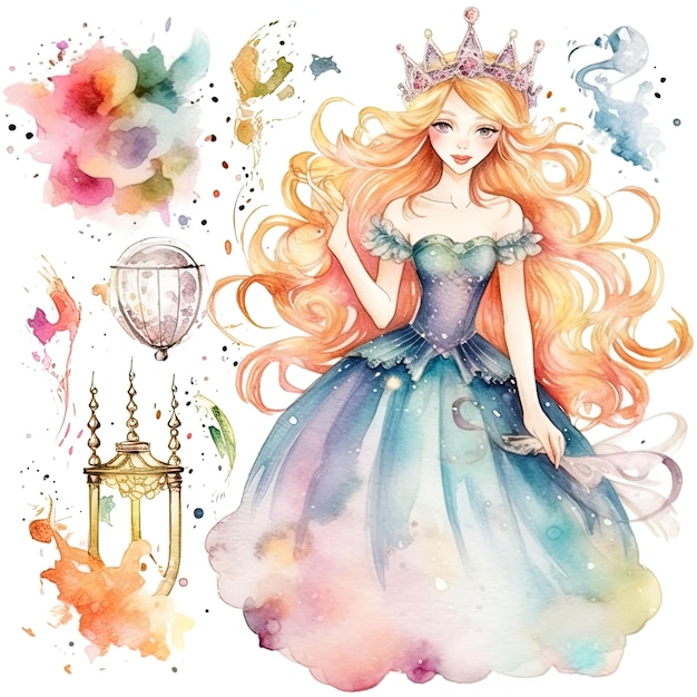 princess on isolated white background watercolor style