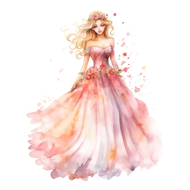 princess on isolated white background watercolor style