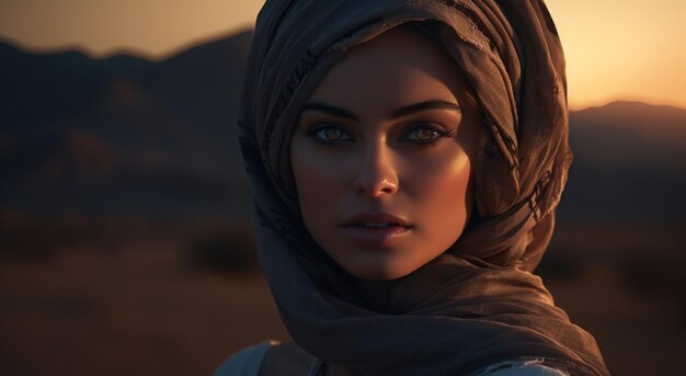 페르시아의 공주 사막에 있는 아름다운 소녀의 초상화