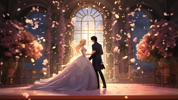 Princess and Prince stands on the fantasy wedding scene while holding hand