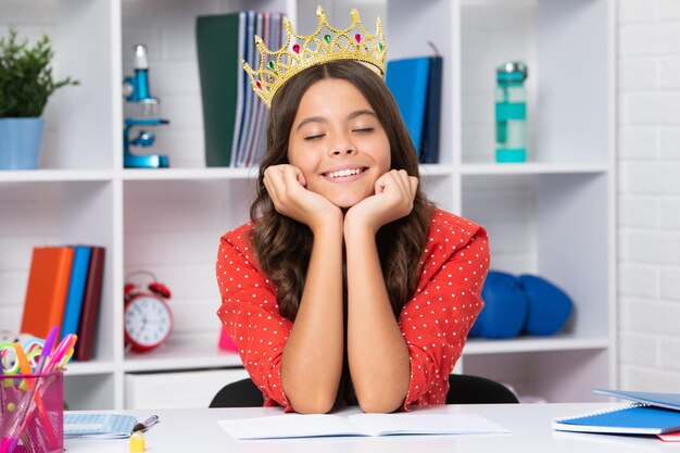 Princess school girl Portrait of dreaming teenage girl with crown feeling princess Child princess crown on isolated studio background