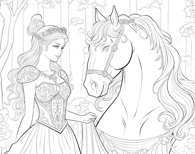 princess and unicorn coloring page in the style of graceful lines