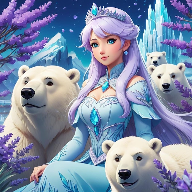 A princess wearing a dress and crown with four bear beside and ice island in the background