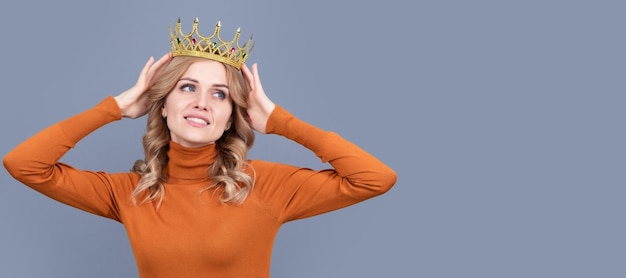 Princess woman with crown pretty blonde woman with curly hair wear crown selfish Woman portrait