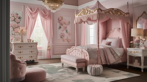 A princessthemed room with a regal canopy bed and fairy tale accents AI generated