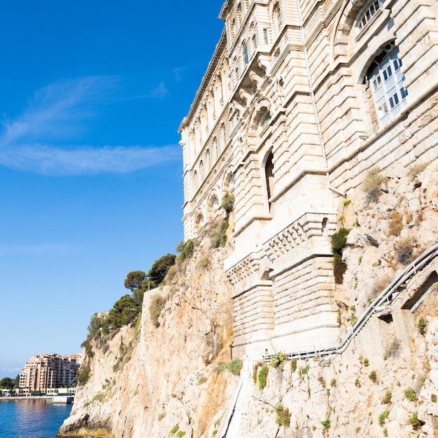 Principality of Monaco Oceanographic Museum exterior with panorama blue sea and sky