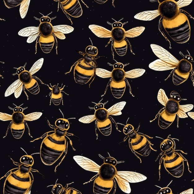 A print of bees with yellow and black markings on their faces