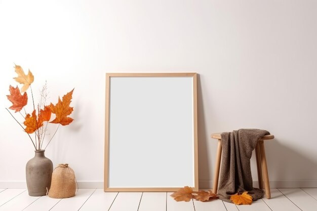 Print frame empty mockup on floor in living room interior in neutral colors design with natural light and autumn dry plants in vases decoration AI Generative content