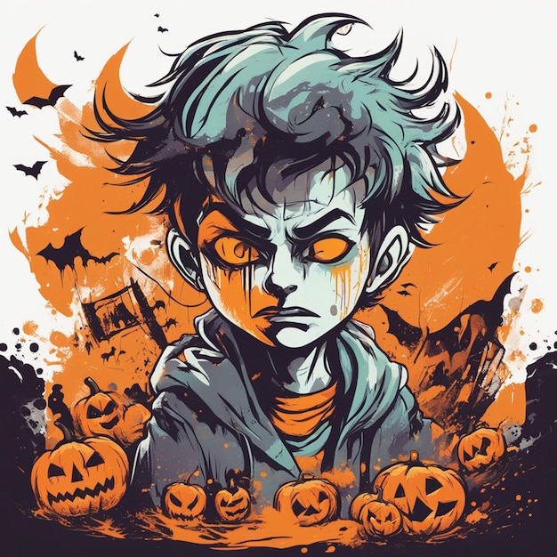 print ready scary skeleton boy and halloween concept tshirt design