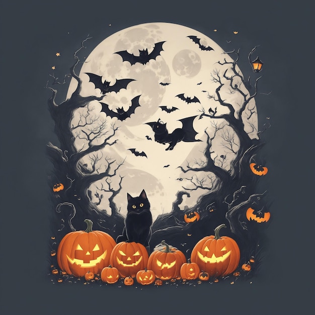 print ready vector tshirt design halloween scene with black cats spiders and pumpkin