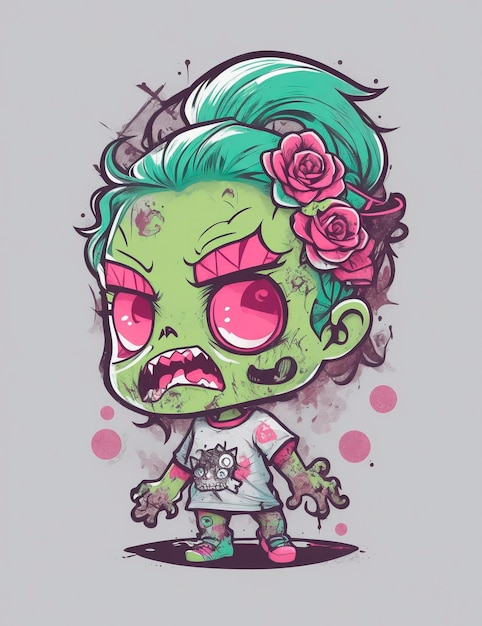 Photo print ready vector tshirt design illustration kawaii zombie celebrating halloween side view