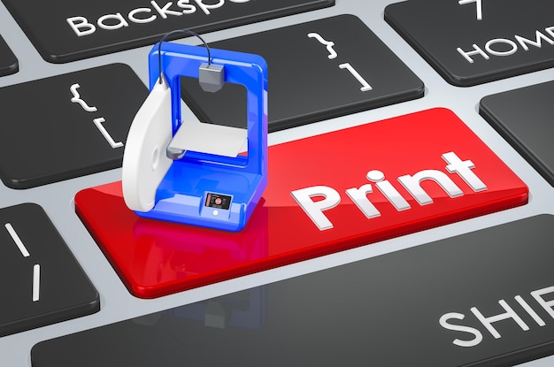 Print red key 3D printer on keyboard 3D rendering