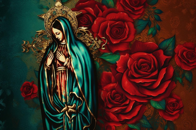 Print of the virgin of guadalupe with holy rosary over wooden