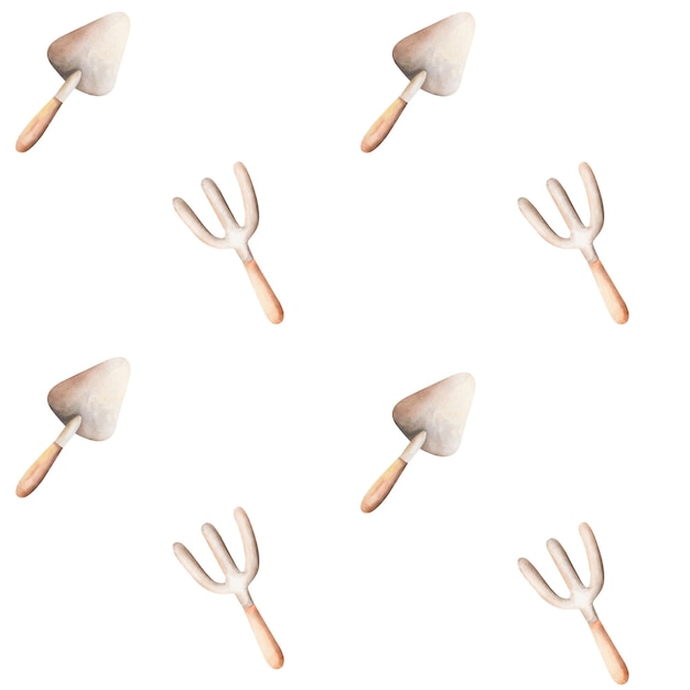 Photo print with garden tools a pattern with a garden paw and a rake