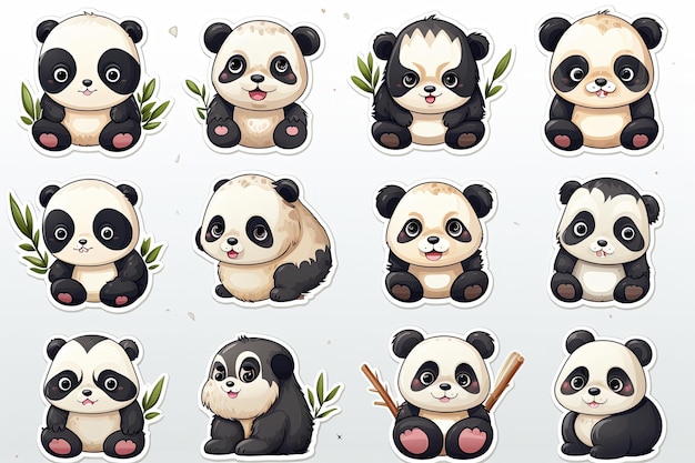 Foto stampabile adesivo doodle di animali panda carino set di illustrazioni di cartoni animati