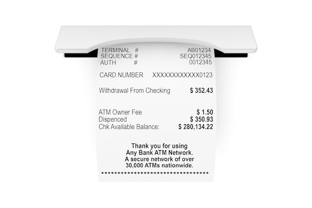 Photo printed abstract shopping paper bill receipt atm mockup on a white background. 3d rendering