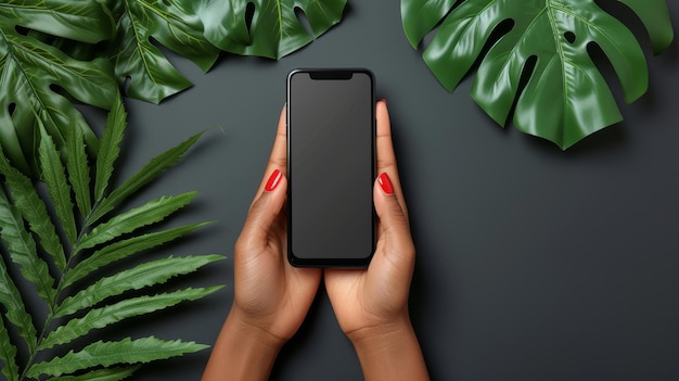 На этом черно-белом изображении молодая афро-женщина держит мобильный телефон с пустым экраном.