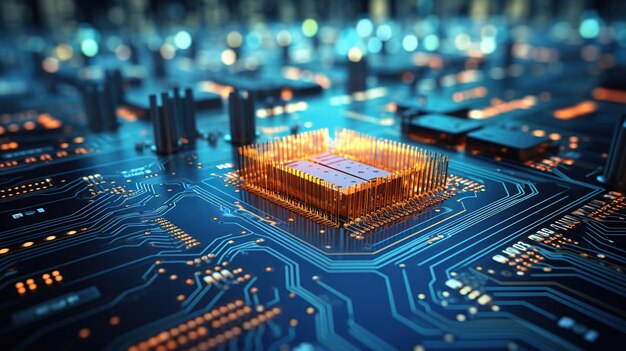 Printed circuit board futuristic serverCircuit board futuristic server code processing Orange green blue technology background