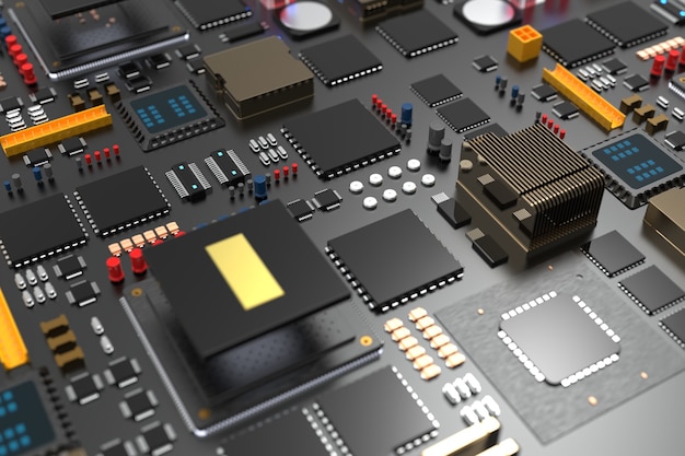 Foto scheda a circuito stampato con microchip, processori e altre parti del computer