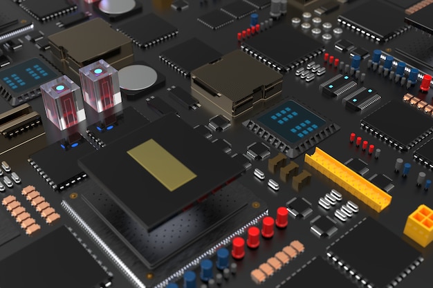 Scheda a circuito stampato con microchip, processori e altre parti del computer