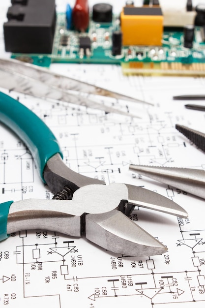 Printed circuit board with transistors resistors capacitor Diagram of electronics and precision tools Technology