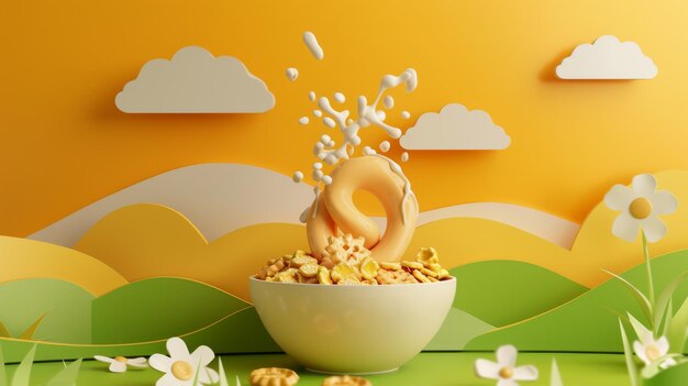 Photo printed paper cut farm landscape silhouette background breakfast concept using 3d ring cereal ad template bowl of cereal with pouring milk splashes