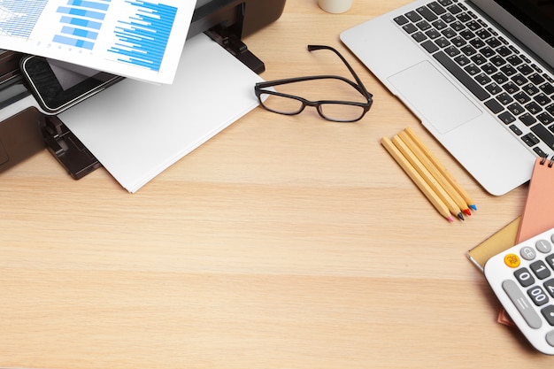 Printer and computer. Office table. Top view. background