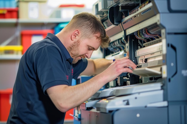 A printer repair technician fixing a printer showcasing printer repair expertise