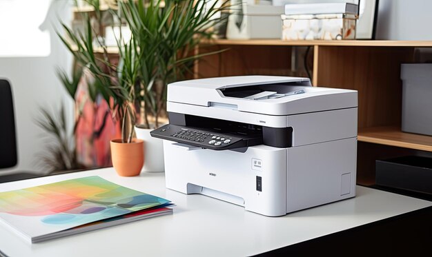 A printer sitting on a desk next to a plant