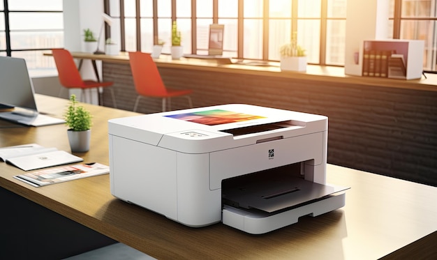 A printer sitting on top of a wooden desk