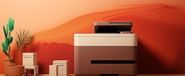 a printer standing in front of a colorful background in the style of polychrome