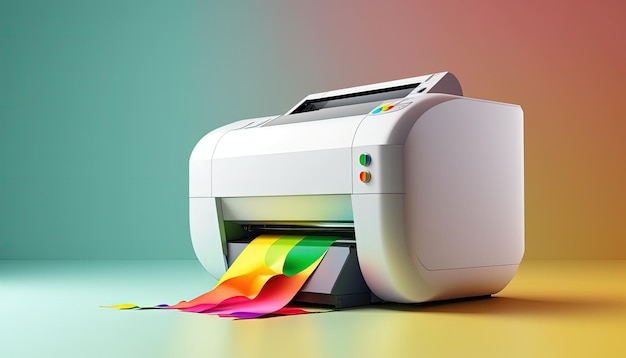 A printer with a rainbow colored label on the front.