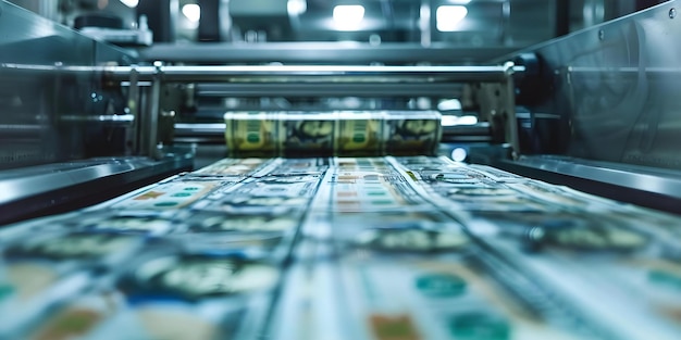 Printing machine producing dollar banknotes in a factory setting Concept Factory Printing machine Dollar banknotes Manufacturing Money