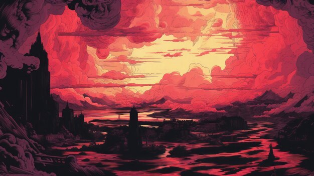 Photo printmaking artwork a red colored world of synapse in calm seas and skies