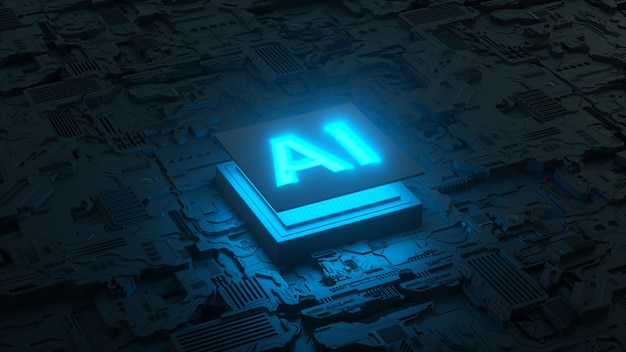 Printplaat en ai-microprocessor, kunstmatige intelligentie van digitale mens. 3d render