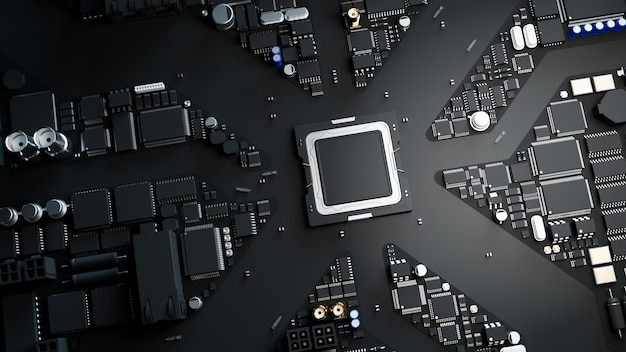 Foto printplaat met chips 3d illustratie over technologie en automatisering